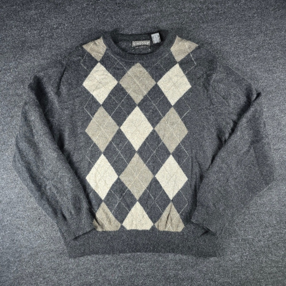 Giasone Cashmere Sweater Gray Argyle Crewneck Pullover Men's XXL (Fits L-XL)
